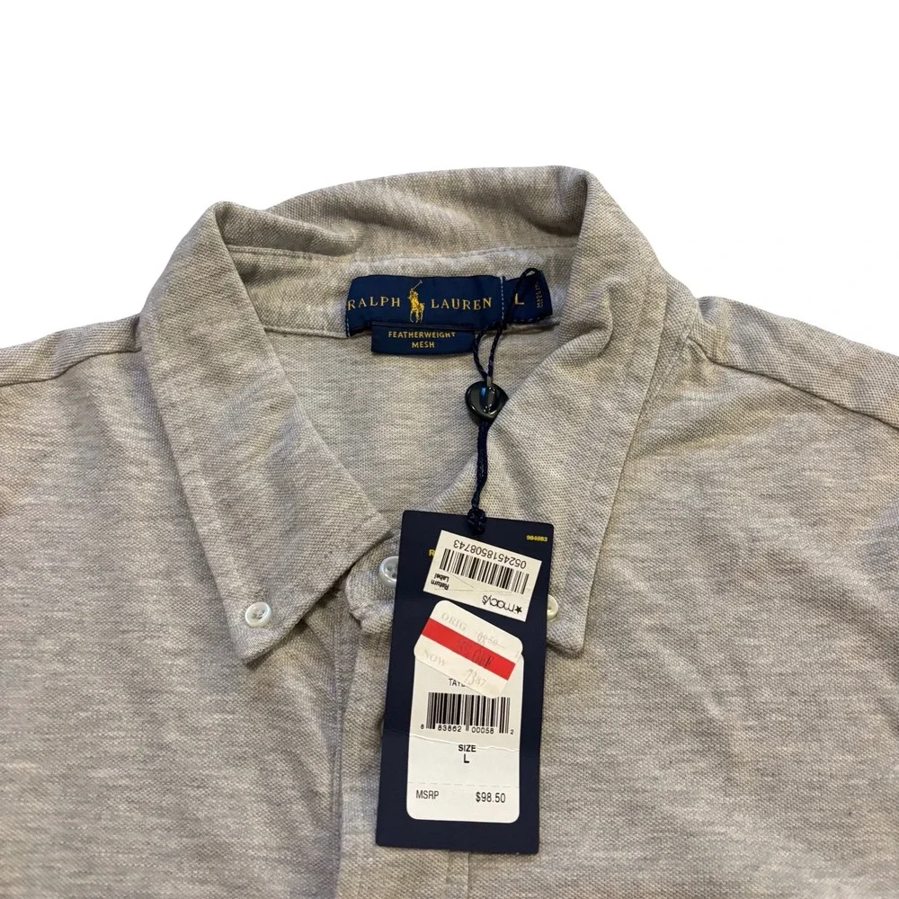 Ralph Lauren Featherweight Mesh Long Sleeve Polo Shirt Mens L Grey Heather NWT